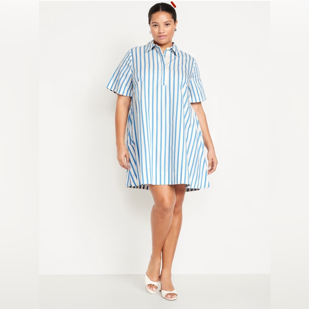 Old Navy Mini Swing Shirt Dress 3X Sky Blue White Nautical Stripes Cotton